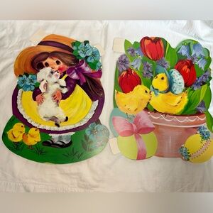Vintage Spring/Easter Decorations Girl with Lamb and Chicks with Tulips die cuts